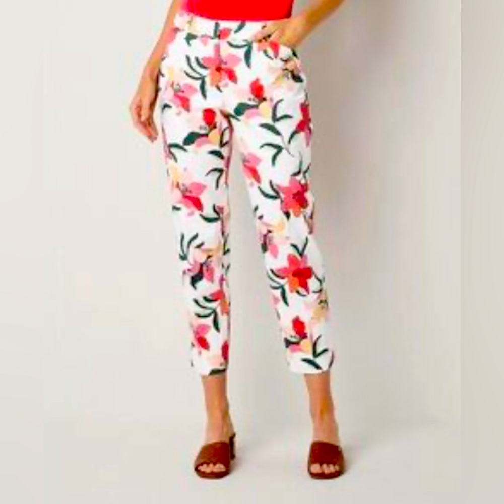 Liz Claiborne Women’s Size 12 White Floral Flat Front High Rise Ankle Pants